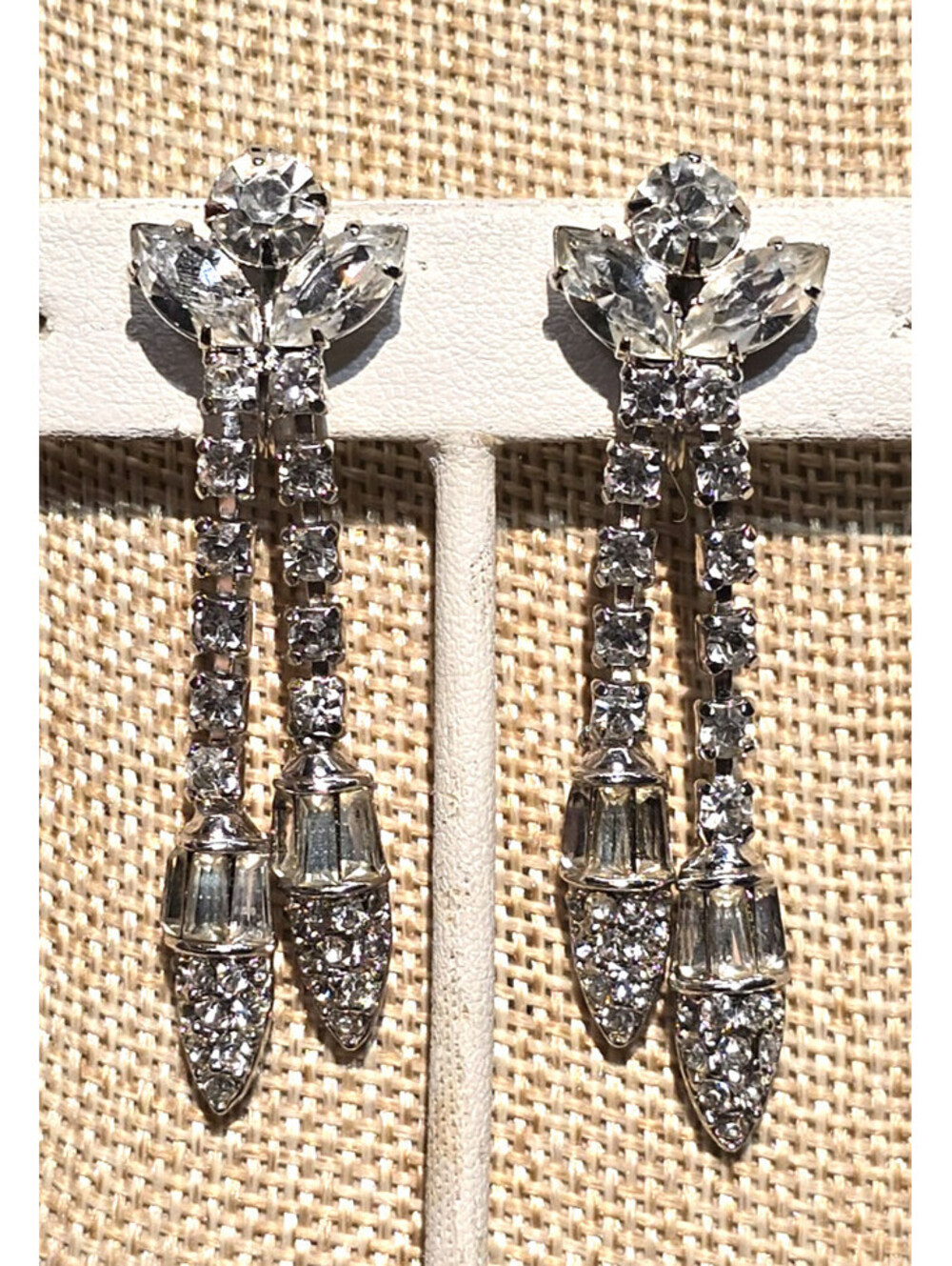 Dramatic Rhinestone Dangle Clip Earrings Long & Sparkly